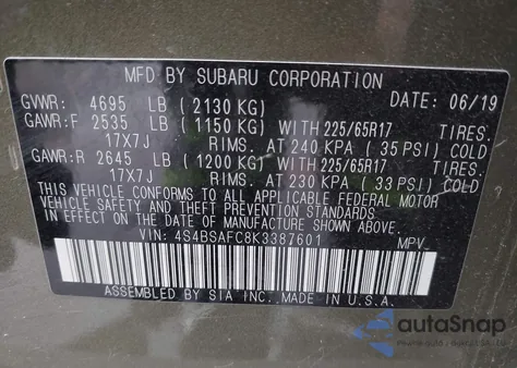 2019 Subaru Outback 2.5I Premium z USA, uszkodzony, nr VIN 4S4BSAFC8K3387601